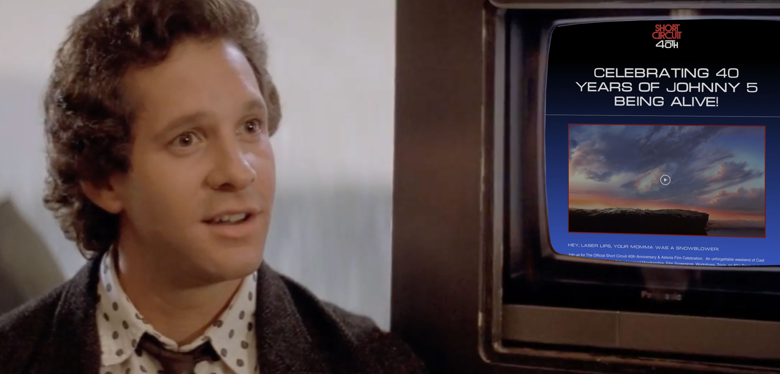Short Circuit 40th Anniversary event artwork featuring Newton Crosby and Johnny 5